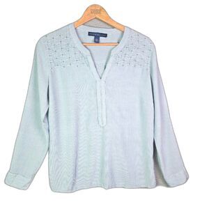 Bandolino Womens Blouse Blue White Pinstripe L Studded Roll Tab Viscose